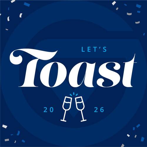Let's Toast 2026 graphic with champagne glasses and confetti on a navy background